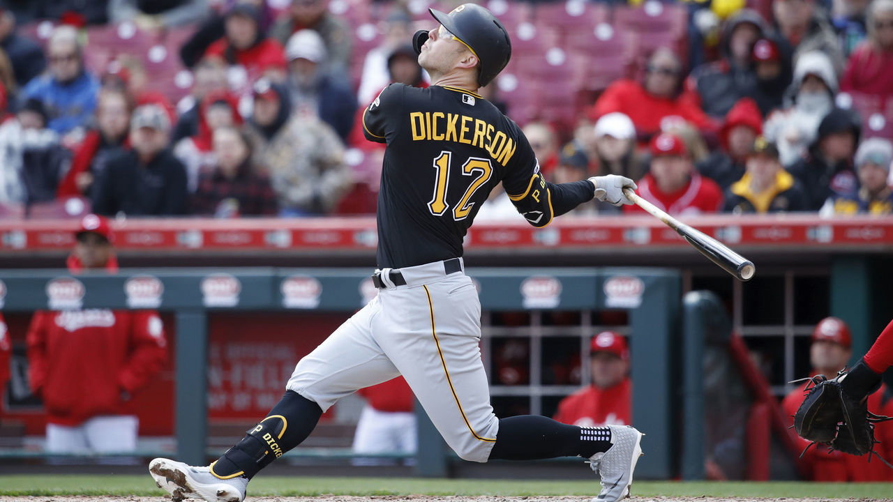 CINCINNATI, OH - MARCH 31: Corey Dickerson #12 of the Pittsburgh Pirates bats against the Cincinnati Reds during a game at Great American Ball Park on March 31, 2019 in Cincinnati, Ohio. The Pirates won 5-0.