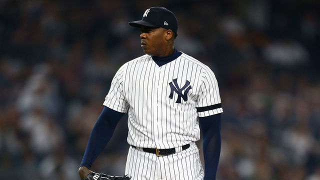 NEW YORK, NEW YORK - JUNE 01: Aroldis Chapman #54 of the New York Yankees in action against the Boston Red Sox at Yankee Stadium on June 01, 2019 in New York City. New York Yankees defeated the Boston Red Sox 5-3.