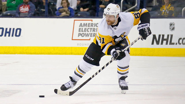 COLUMBUS, OH - FEBRUARY 26: Phil Kessel #81 of the Pittsburgh Penguins controls the puck during the game against the Columbus Blue Jackets on February 26, 2019 at Nationwide Arena in Columbus, Ohio. Pittsburgh defeated Columbus 5-2.