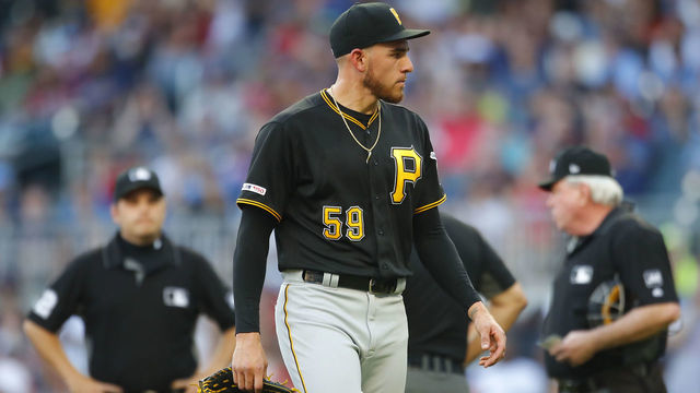 ATLANTA, GA - JUNE 10: Joe Musgrove #59 of the Pittsburgh Pirates is ejected during the first inning of an MLB game against the Atlanta Braves at SunTrust Park on June 10, 2019 in Atlanta, Georgia.