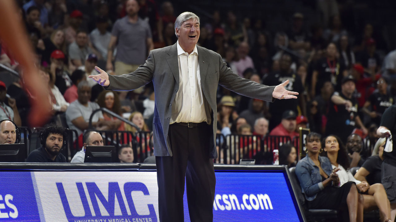LAS VEGAS, NV - JUNE 2: Head Coach Bill Laimbeer of Las Vegas Aces laughs during the game against the Connecticut Sun on June 2, 2019 at the Mandalay Bay Events Center in Las Vegas, Nevada. Mandatory Copyright Notice: Copyright 2019 NBAE