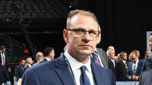 DALLAS, TX - JUNE 22: (l-r) Keith Gretzky and Andrew Shaw of the Edmonton Oilers attend the first round of the 2018 NHL Draft at American Airlines Center on June 22, 2018 in Dallas, Texas.