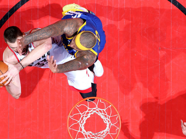 TORONTO, CANADA - JUNE 10: Marc Gasol #33 of the Toronto Raptors shoots the ball against DeMarcus Cousins #0 of the Golden State Warriors during Game Five of the NBA Finals on June 10, 2019 at Scotiabank Arena in Toronto, Ontario, Canada. NOTE TO USER: User expressly acknowledges and agrees that, by downloading and/or using this photograph, user is consenting to the terms and conditions of the Getty Images License Agreement. Mandatory Copyright Notice: Copyright 2019 NBAE
