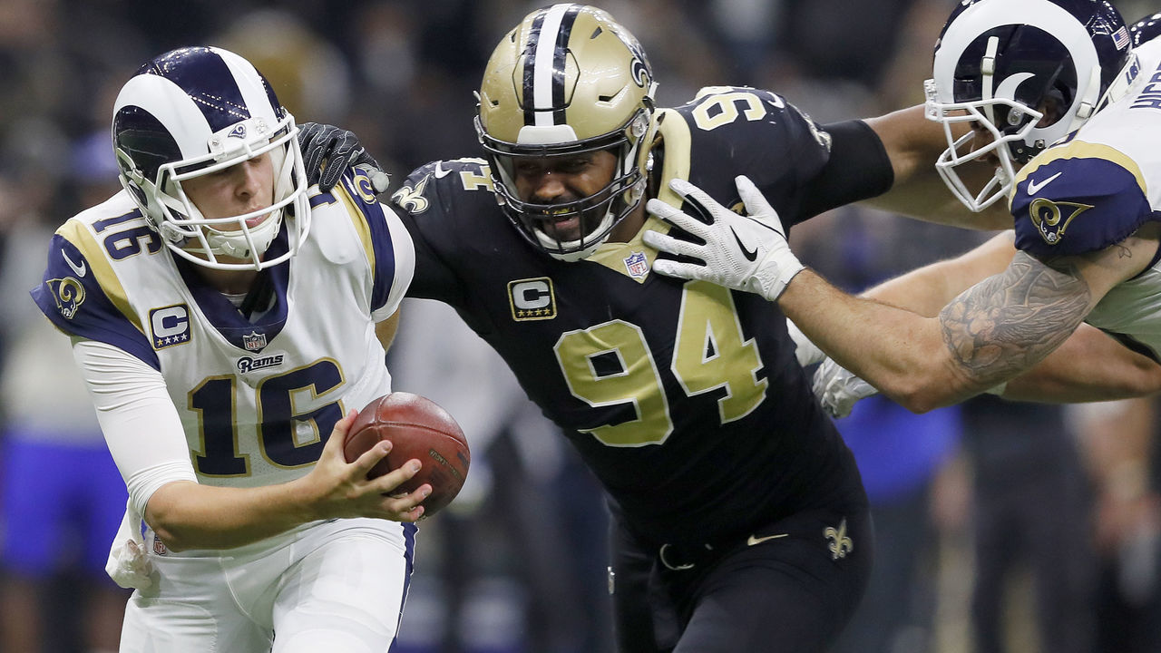 NEW ORLEANS, LOUISIANA - JANUARY 20: Jared Goff #16 of the Los Angeles Rams gets sacked by Cameron Jordan #94 of the New Orleans Saints during the fourth quarter in the NFC Championship game at the Mercedes-Benz Superdome on January 20, 2019 in New Orleans, Louisiana.