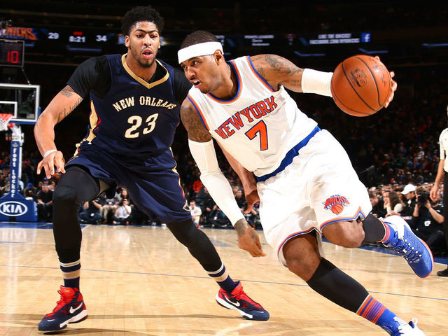 NEW YORK, NY - NOVEMBER 15: Carmelo Anthony #7 of the New York Knicks drives to the basket against Anthony Davis #23 of the New Orleans Pelicans during the game on November 15, 2015 at Madison Square Garden in New York, New York. Mandatory Copyright Notice: Copyright 2015 NBAE