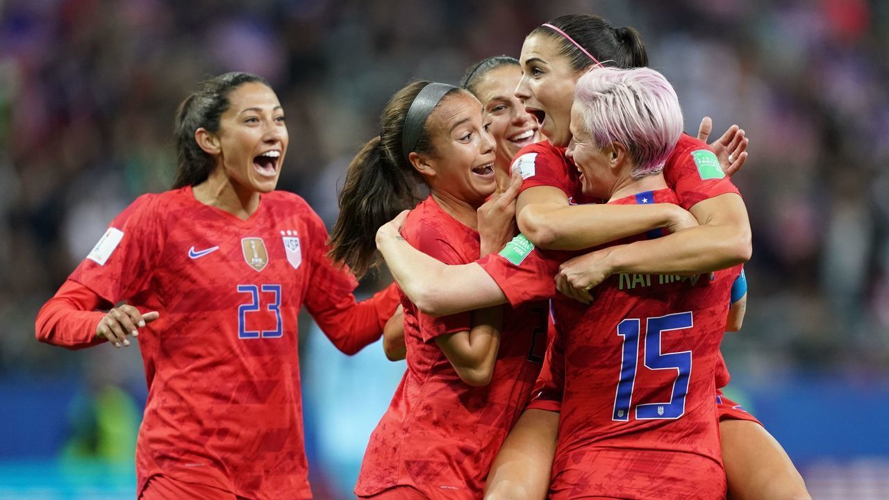 USA's players celebrate a goal during the France 2019 Women's World Cup Group F football match between USA and Thailand, on June 11, 2019, at the Auguste-Delaune Stadium in Reims, eastern France.
