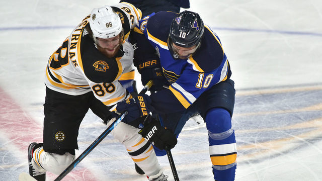ST. LOUIS, MO - JUN 09: Boston Bruins rightwing David Pastrnak (88) and St. Louis Blues center Brayden Schenn (10) battle for the puck during Game 6 of the Stanley Cup Final between the Boston Bruins and the St. Louis Blues, on June 09, 2019, at Enterprise Center, St. Louis, Mo.