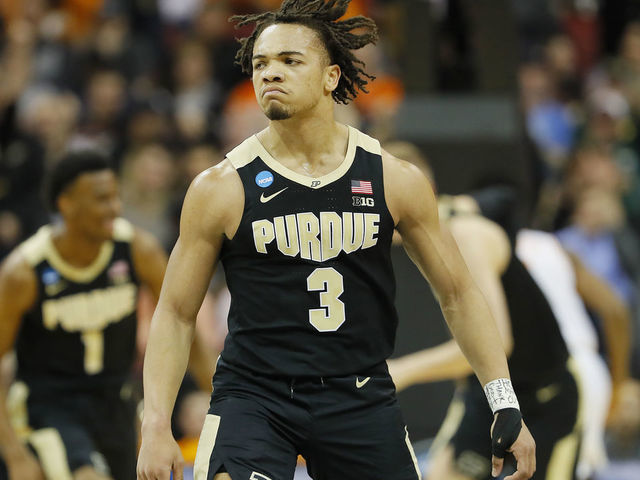 LOUISVILLE, KENTUCKY - MARCH 28: Carsen Edwards #3 of the Purdue Boilermakers reacts after a three pointer against the Tennessee Volunteers during the first half of the 2019 NCAA Men's Basketball Tournament South Regional at the KFC YUM! Center on March 28, 2019 in Louisville, Kentucky.