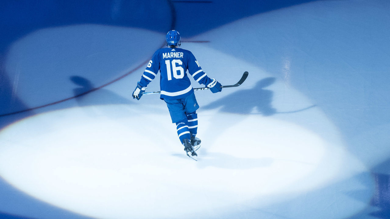 TORONTO, ON - APRIL 21: Toronto Maple Leafs Right Wing Mitchell Marner (16) is introduced to the crowd before Game 6 of the First Round Stanley Cup Playoffs series between the Boston Bruins and the Toronto Maple Leafs on April 21, 2019, at Scotiabank Arena in Toronto, ON.