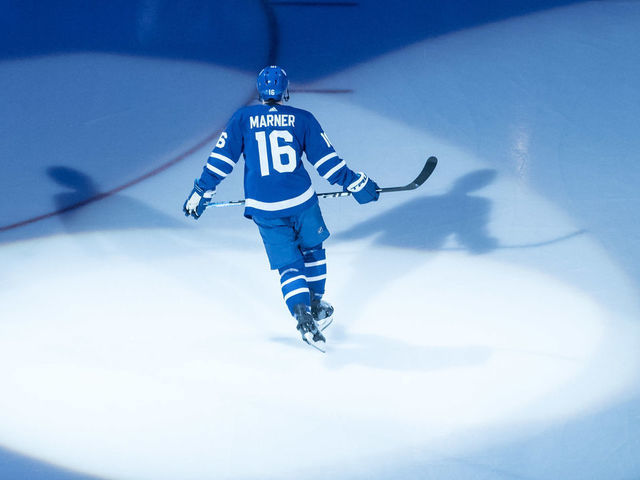 TORONTO, ON - APRIL 21: Toronto Maple Leafs Right Wing Mitchell Marner (16) is introduced to the crowd before Game 6 of the First Round Stanley Cup Playoffs series between the Boston Bruins and the Toronto Maple Leafs on April 21, 2019, at Scotiabank Arena in Toronto, ON.