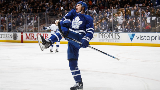 TORONTO, ON - APRIL 4: Mitch Marner #16 of the Toronto Maple Leafs celebrates his goal against the Tampa Bay Lightning during the first period at the Scotiabank Arena on April 4, 2019 in Toronto, Ontario, Canada.