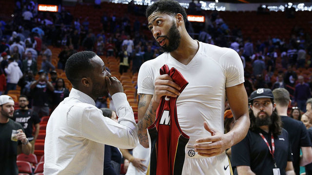 MIAMI, FLORIDA - NOVEMBER 30: Anthony Davis #23 of the New Orleans Pelicans (left) talks with his agent Rich Paul (right) after the game against the Miami Heat at American Airlines Arena on November 30, 2018 in Miami, Florida.