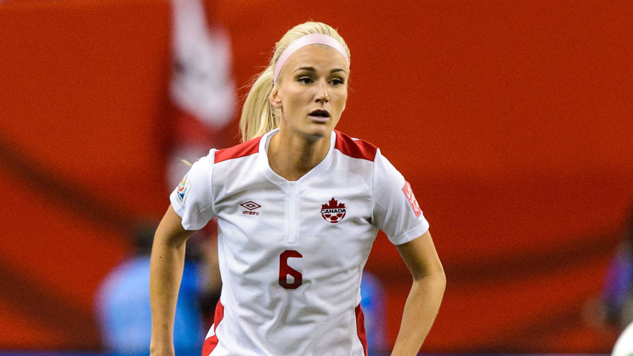 MONTREAL, QC - JUNE 15: Kaylyn Kyle #6 of Canada watches the ball during the 2015 FIFA Women's World Cup Group A match against the Netherlands at Olympic Stadium on June 15, 2015 in Montreal, Quebec, Canada. Final score between Canada and the Netherlands 1-1.