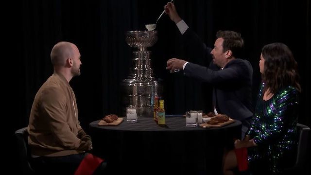 Jimmy Fallon, Selena Gomez use Stanley Cup as milk jug in 'Hot Ones' skit