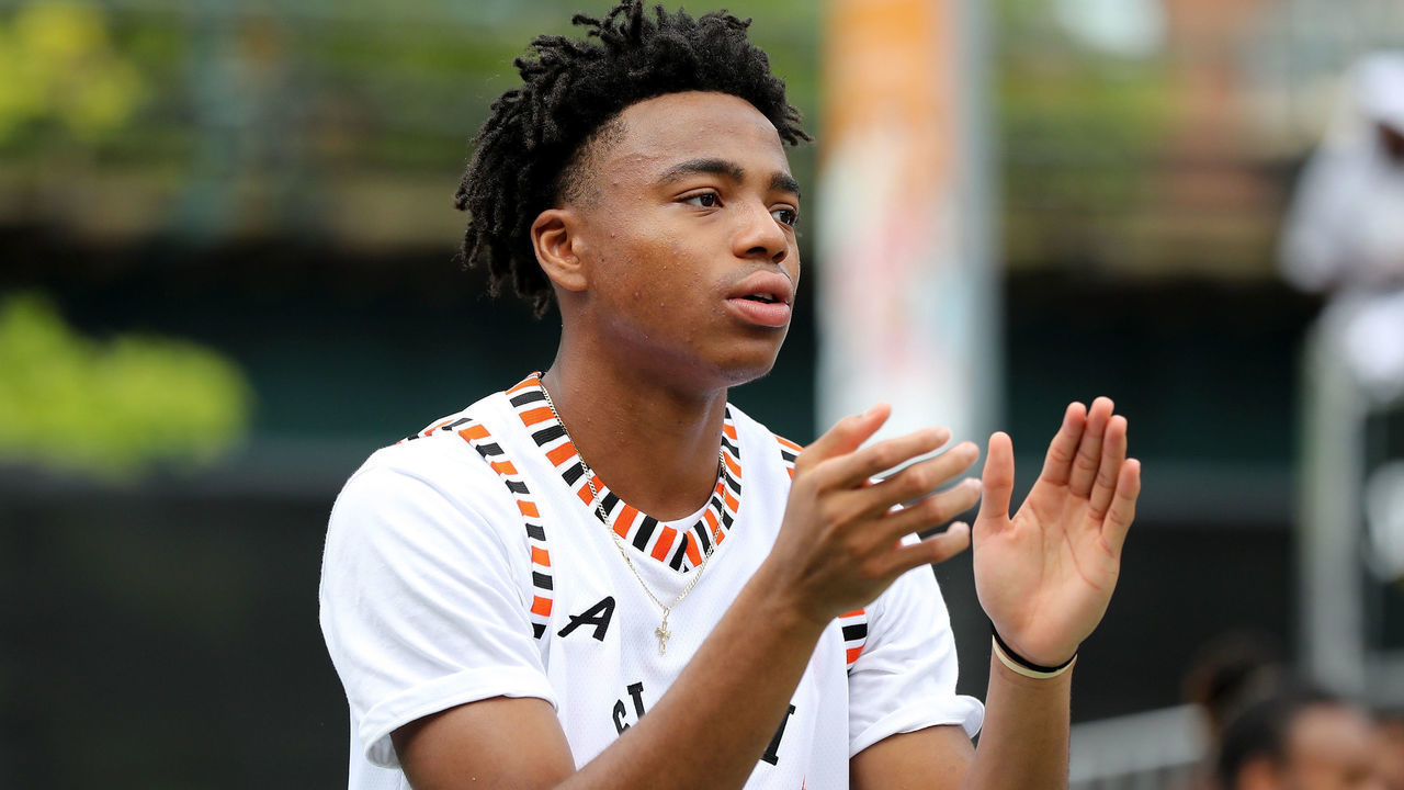 NEW YORK, NY - AUGUST 18: Jalen Lecque #13 of Team Stanley walks on the court prior to the game against Team Ramsey during the SLAM Summer Classic 2018 at Dyckman Park on August 18, 2018 in New York City.