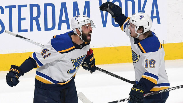 SAN JOSE, CALIFORNIA - MAY 13: Robert Bortuzzo #41 of the St. Louis Blues celebrates his goal against the San Jose Sharks with Robert Thomas #18 in Game Two of the Western Conference Final during the 2019 NHL Stanley Cup Playoffs at SAP Center on May 13, 2019 in San Jose, California.