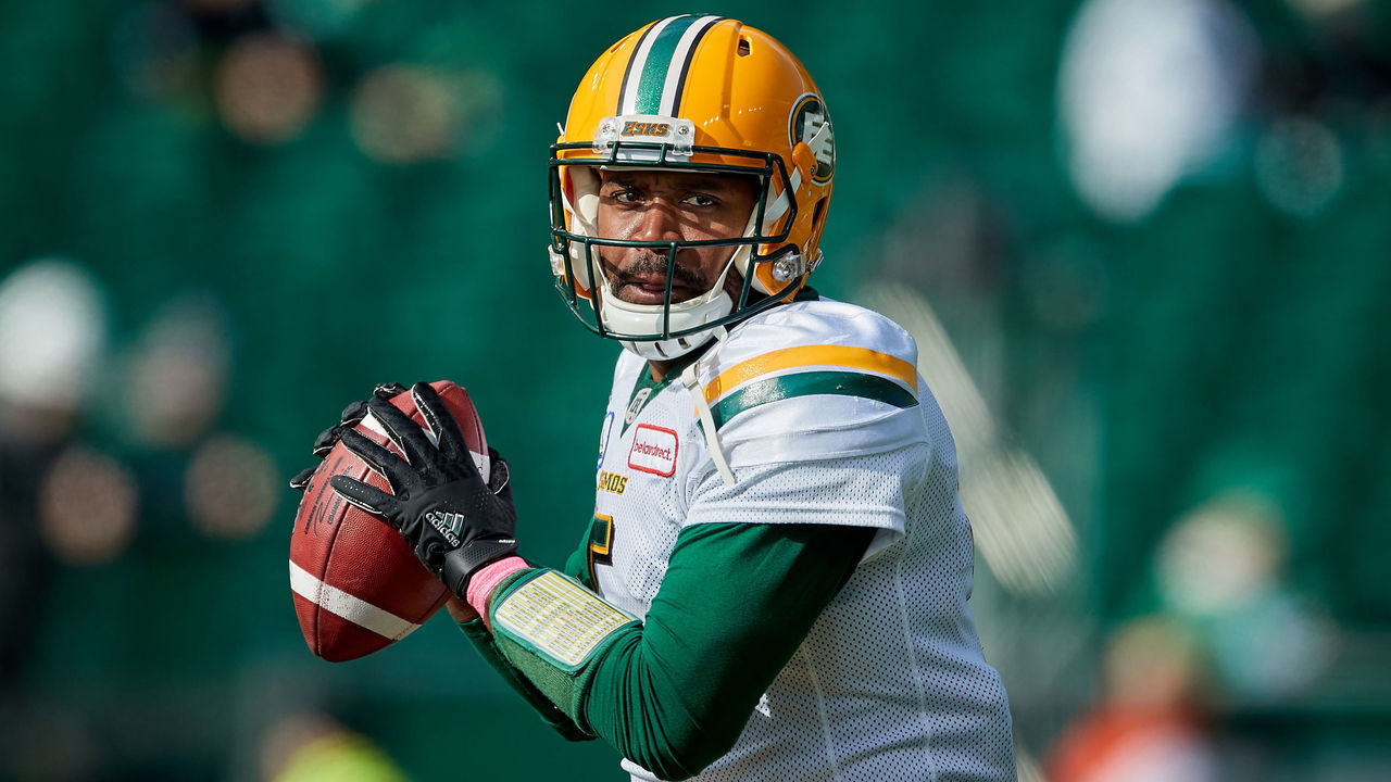 REGINA, SK - OCTOBER 08: Kevin Glenn #5 of the Edmonton Eskimos during pregame warmup for the game between the Edmonton Eskimos and Saskatchewan Roughriders at Mosaic Stadium on October 8, 2018 in Regina, Canada.