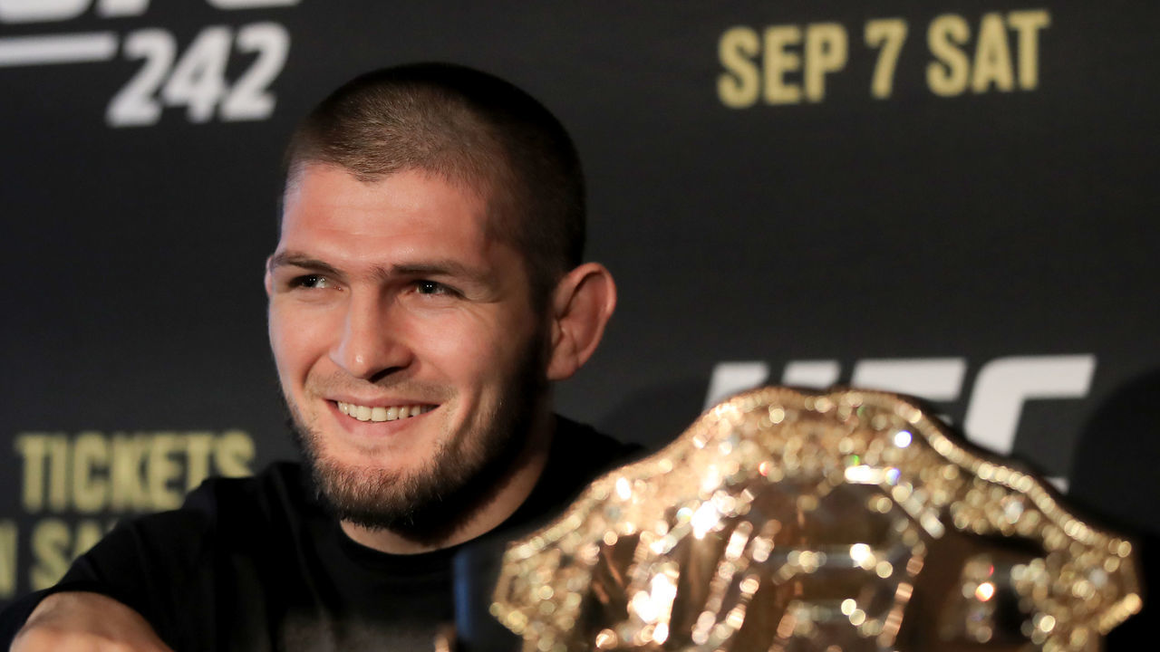 LONDON, ENGLAND - JUNE 12: Khabib Nurmagomedov speaks during a UFC 242 Press Conference at Hotel Cafe Royal on June 12, 2019 in London, England.