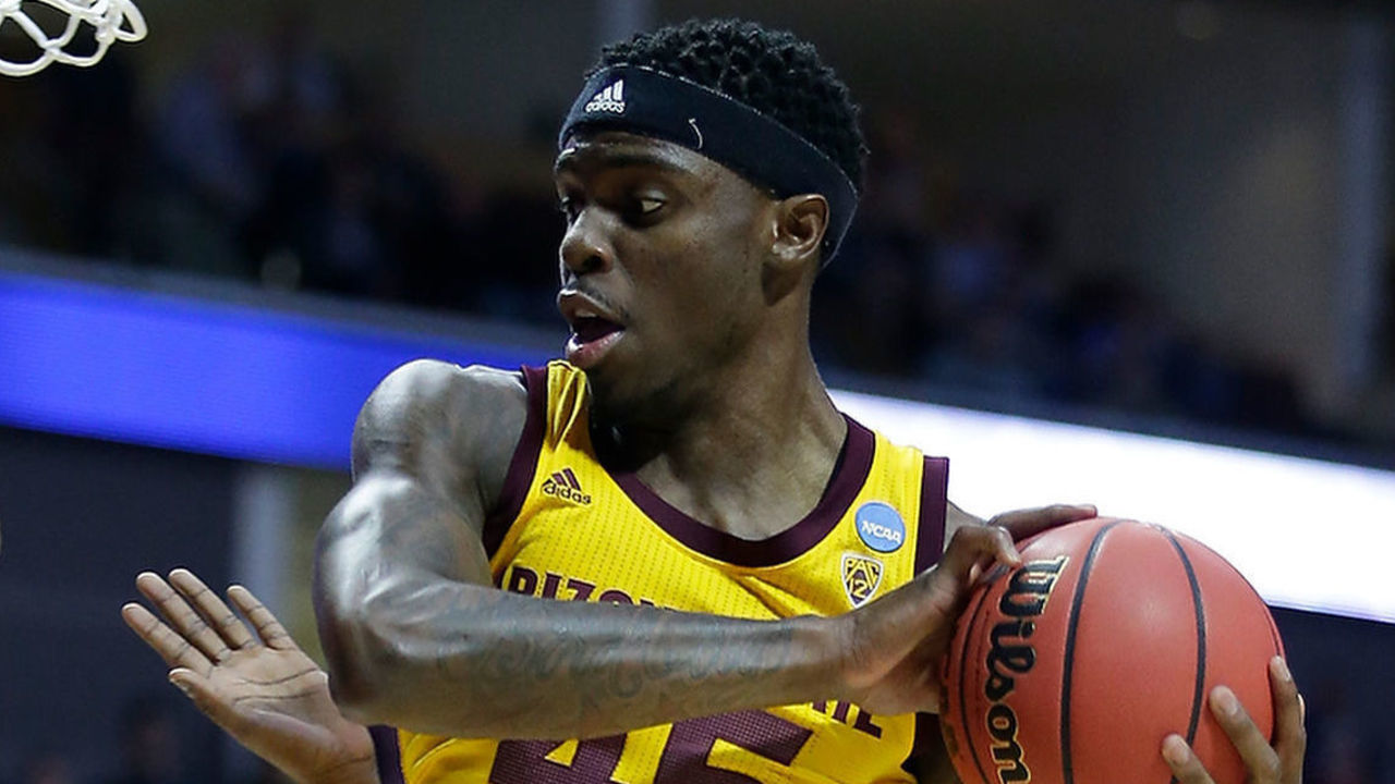 TULSA, OK - MARCH 22: Zylan Cheatham #45 of the Arizona State Sun Devils grabs a rebound in the first round of the 2019 NCAA Men's Basketball Tournament held at BOK Center on March 22, 2019 in Tulsa, Oklahoma.