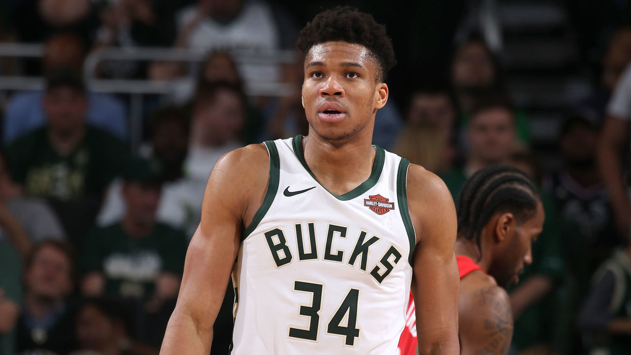 MILWAUKEE, WI - MAY 23: Giannis Antetokounmpo #34 of the Milwaukee Bucks looks on against the Toronto Raptors during Game Five of the Eastern Conference Finals on May 23, 2019 at the Fiserv Forum in Milwaukee, Wisconsin. NOTE TO USER: User expressly acknowledges and agrees that, by downloading and/or using this photograph, user is consenting to the terms and conditions of the Getty Images License Agreement. Mandatory Copyright Notice: Copyright 2019 NBAE