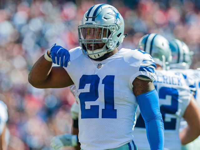 SANTA CLARA, CA - OCTOBER 22: Dallas Cowboys running back Ezekiel Elliott (21) imitates eating after getting a first down during the regular season game between the San Francisco 49ers and the Dallas Cowboys on October 22, 2017 at Levi's Stadium in Santa Clara, CA