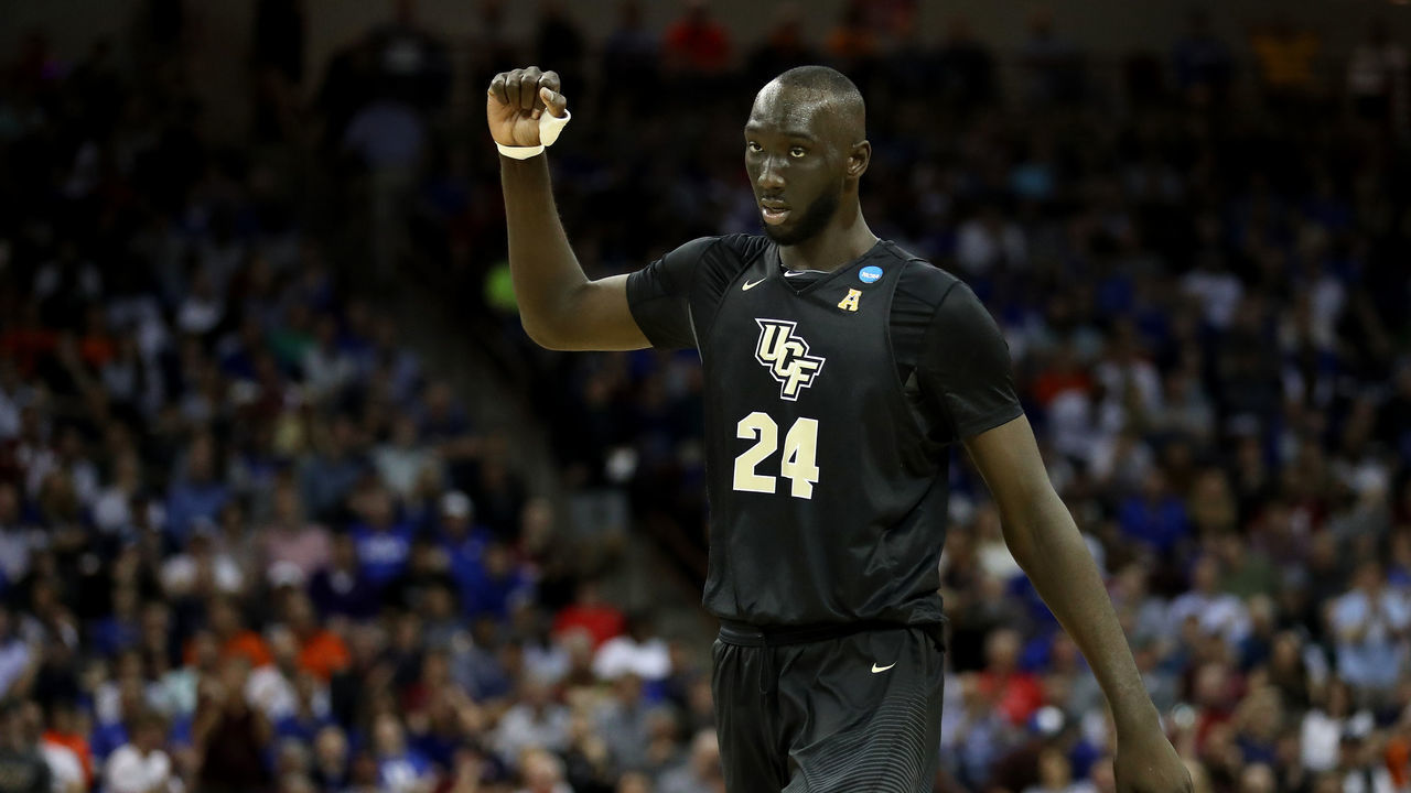 COLUMBIA, SOUTH CAROLINA - MARCH 24: Tacko Fall #24 of the UCF Knights reacts against the UCF Knights during the second half in the second round game of the 2019 NCAA Men's Basketball Tournament at Colonial Life Arena on March 24, 2019 in Columbia, South Carolina.