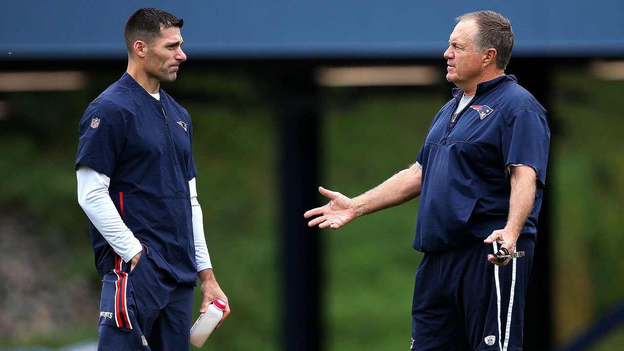 FOXBOROUGH, MA - SEPTEMBER 13: New England Patriots Director of Player Personnel Nick Caserio, left, stands with head coach Bill Belichick during New England Patriots practice at the Gillette Stadium practice facility in Foxborough, MA on Sep. 13, 2018.