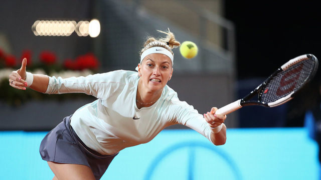 MADRID, SPAIN - MAY 09: Petra Kvitova of Czech Republic in action against Kiki Bertens of Netherlands during day six of the Mutua Madrid Open at La Caja Magica on May 09, 2019 in Madrid, Spain.