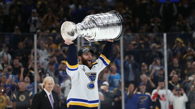 BOSTON, MASSACHUSETTS - JUNE 12: Alex Pietrangelo #27 of the St. Louis Blues celebrates with the Stanley Cup after defeating the Boston Bruins in Game Seven to win the 2019 NHL Stanley Cup Final at TD Garden on June 12, 2019 in Boston, Massachusetts.