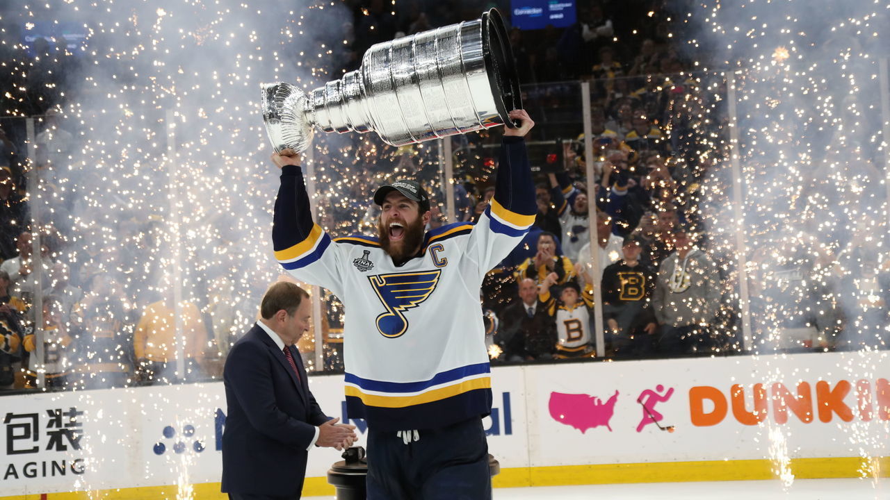 BOSTON, MASSACHUSETTS - JUNE 12: Alex Pietrangelo #27 of the St. Louis Blues celebrates with the Stanley Cup after defeating the Boston Bruins in Game Seven to win the 2019 NHL Stanley Cup Final at TD Garden on June 12, 2019 in Boston, Massachusetts.