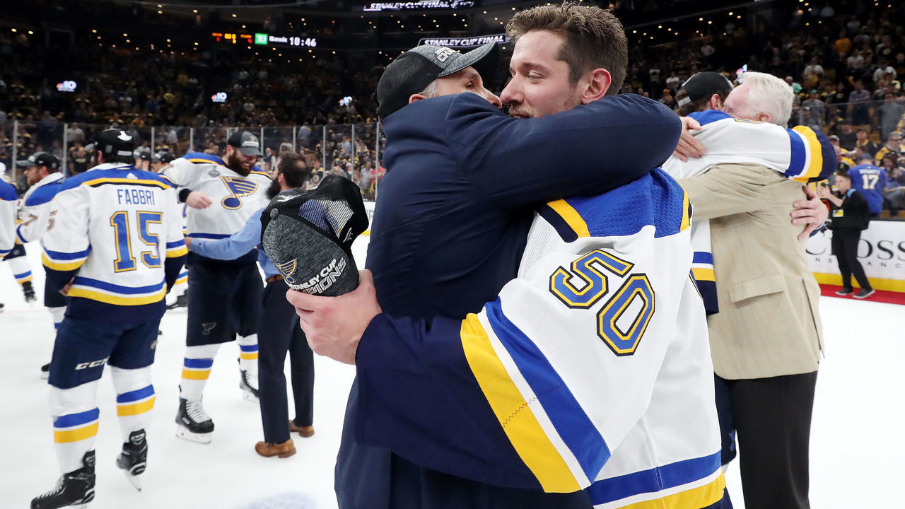 BOSTON, MASSACHUSETTS - JUNE 12: Head coach Craig Berube and Jordan Binnington #50 of the St. Louis Blues celebrate their 4-1 victory over the Boston Bruins to win Game Seven of the 2019 NHL Stanley Cup Final at TD Garden on June 12, 2019 in Boston, Massachusetts.