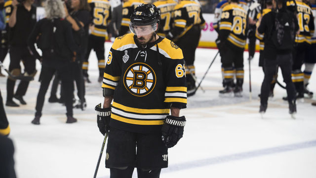 BOSTON - JUNE 12: Boston Bruins' Brad Marchand reacts at end of the Bruins' 4-1 loss. The Boston Bruins host the St. Louis Blues in Game 7 of the 2019 Stanley Cup Finals at TD Garden in Boston on June 12, 2019.