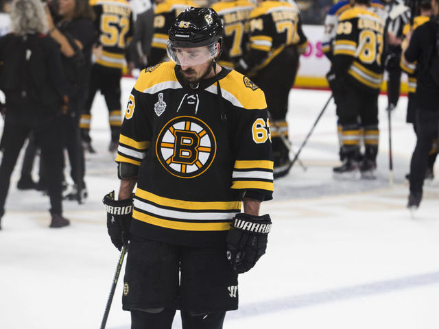 BOSTON - JUNE 12: Boston Bruins' Brad Marchand reacts at end of the Bruins' 4-1 loss. The Boston Bruins host the St. Louis Blues in Game 7 of the 2019 Stanley Cup Finals at TD Garden in Boston on June 12, 2019.