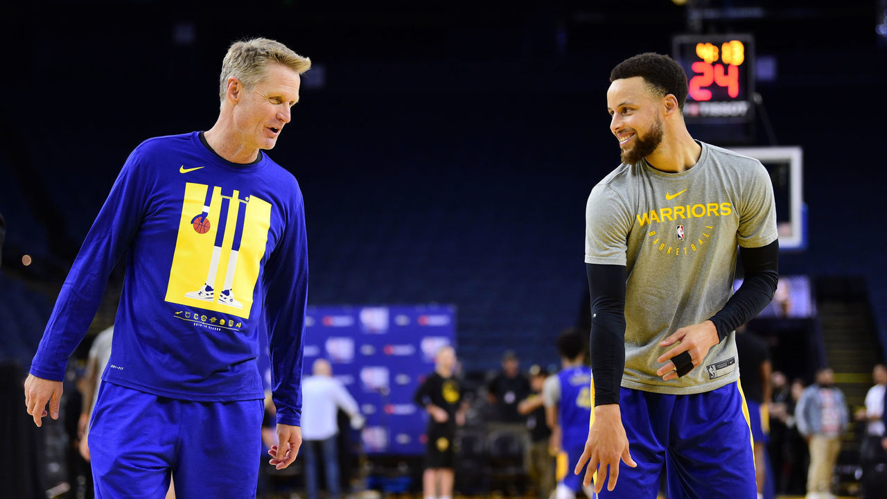OAKLAND, CA - JUNE 4: Head Coach Steve Kerr and Stephen Curry of the Golden State Warriors during practice and media availability as part of the 2019 NBA Finals on June 4, 2019 at Oracle Arena in Oakland, California. Mandatory Copyright Notice: Copyright 2019 NBAE