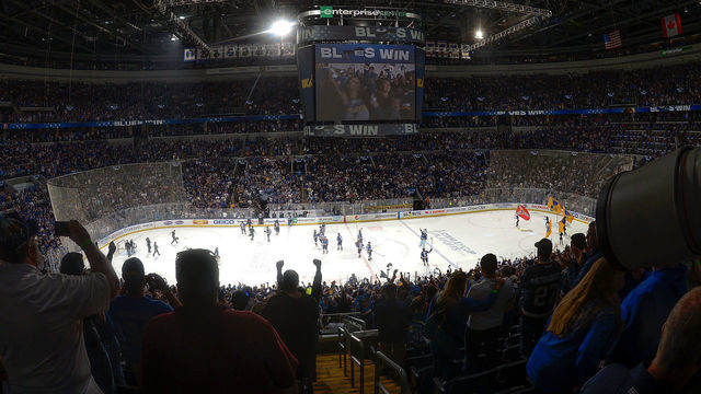 ST. LOUIS, MO - MAY 17: An overall view of the arena after the St. Louis Blues beat the San Jose Sharks 2-1 in Game Four of the Western Conference Final during the 2019 NHL Stanley Cup Playoffs at Enterprise Center on May 17, 2019 in St. Louis, Missouri.