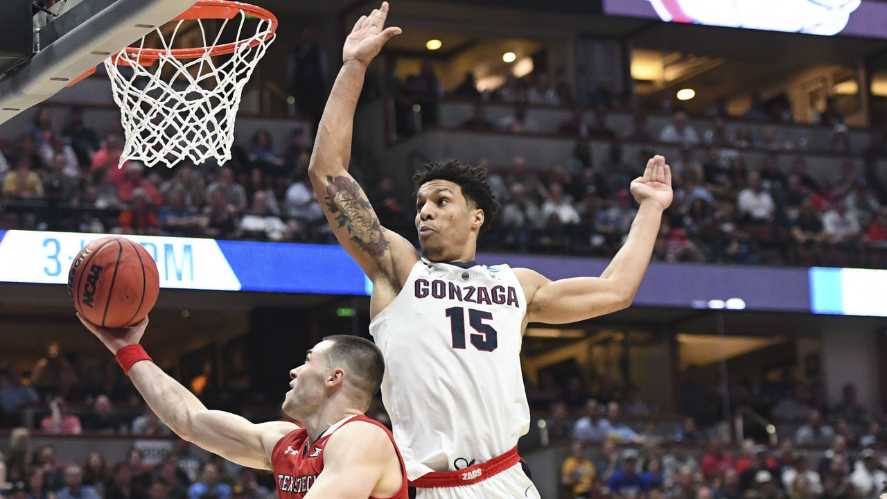 ANAHEIM, CA - MARCH 30: Brandon Clarke #15 of the Gonzaga Bulldogs blocks a shot attempt by Matt Mooney #13 of the Texas Tech Red Raiders in the Elite Eight round of the 2019 NCAA Men's Basketball Tournament held at Honda Center on March 30, 2019 in Anaheim, California.