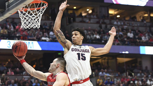 ANAHEIM, CA - MARCH 30: Brandon Clarke #15 of the Gonzaga Bulldogs blocks a shot attempt by Matt Mooney #13 of the Texas Tech Red Raiders in the Elite Eight round of the 2019 NCAA Men's Basketball Tournament held at Honda Center on March 30, 2019 in Anaheim, California.