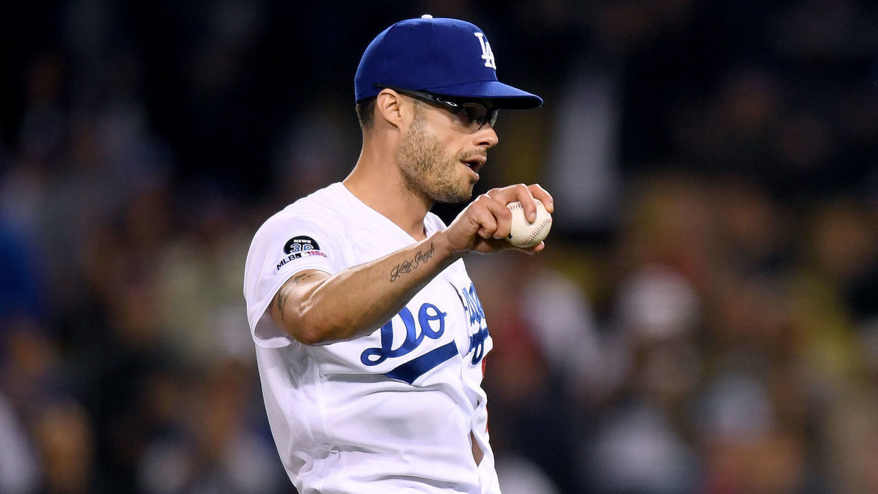 LOS ANGELES, CALIFORNIA - MAY 08: Joe Kelly #17 of the Los Angeles Dodgers reacts to the final out during a 9-4 win over the Atlanta Braves at Dodger Stadium on May 08, 2019 in Los Angeles, California.
