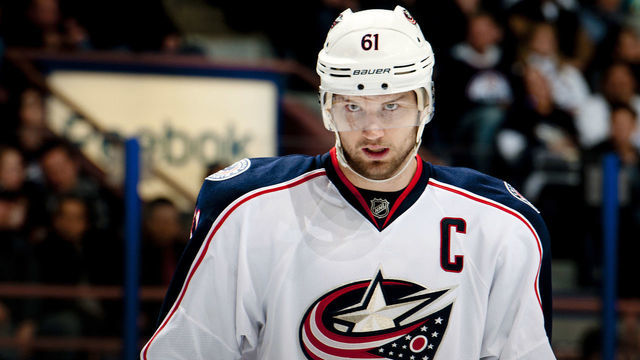 EDMONTON, CANADA - MARCH 14: Rick Nash #61 of the Columbus Blue Jackets rests during a stoppage of play against the Edmonton Oilers at Rexall Place on March 14, 2012 in Edmonton, Alberta, Canada.