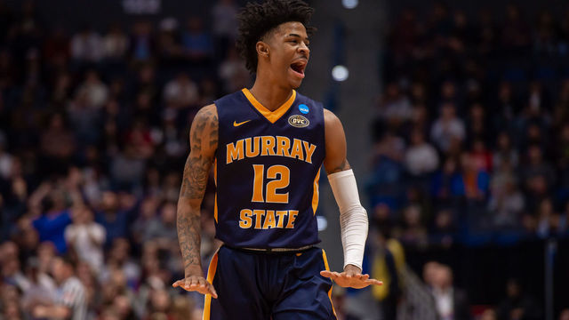 HARTFORD, CT - MARCH 23: Murray State Racers guard Ja Morant (12) reacts during the first half of the NCAA Division I Men's Championship second round college basketball game between the Florida State Seminoles and the Murray State Racers on March 23, 2019 at XL Center in Hartford, CT.