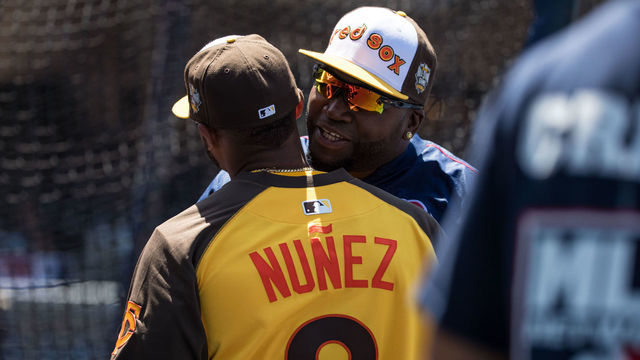 SAN DIEGO, CA - JULY 12: American League All-Star Eduardo Nunez #9 of the Minnesota Twins talks with David Ortiz #34 of the Boston Red Sox prior to the 87th MLB All-Star Game at Petco Park on Tuesday, July 12, 2016 in San Diego, California.