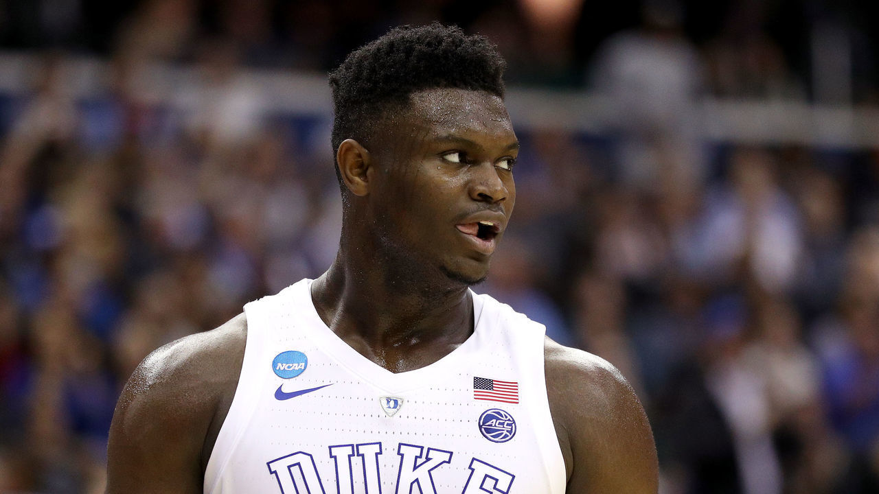 WASHINGTON, DC - MARCH 31: Zion Williamson #1 of the Duke Blue Devils reacts against the Michigan State Spartans during the first half in the East Regional game of the 2019 NCAA Men's Basketball Tournament at Capital One Arena on March 31, 2019 in Washington, DC.