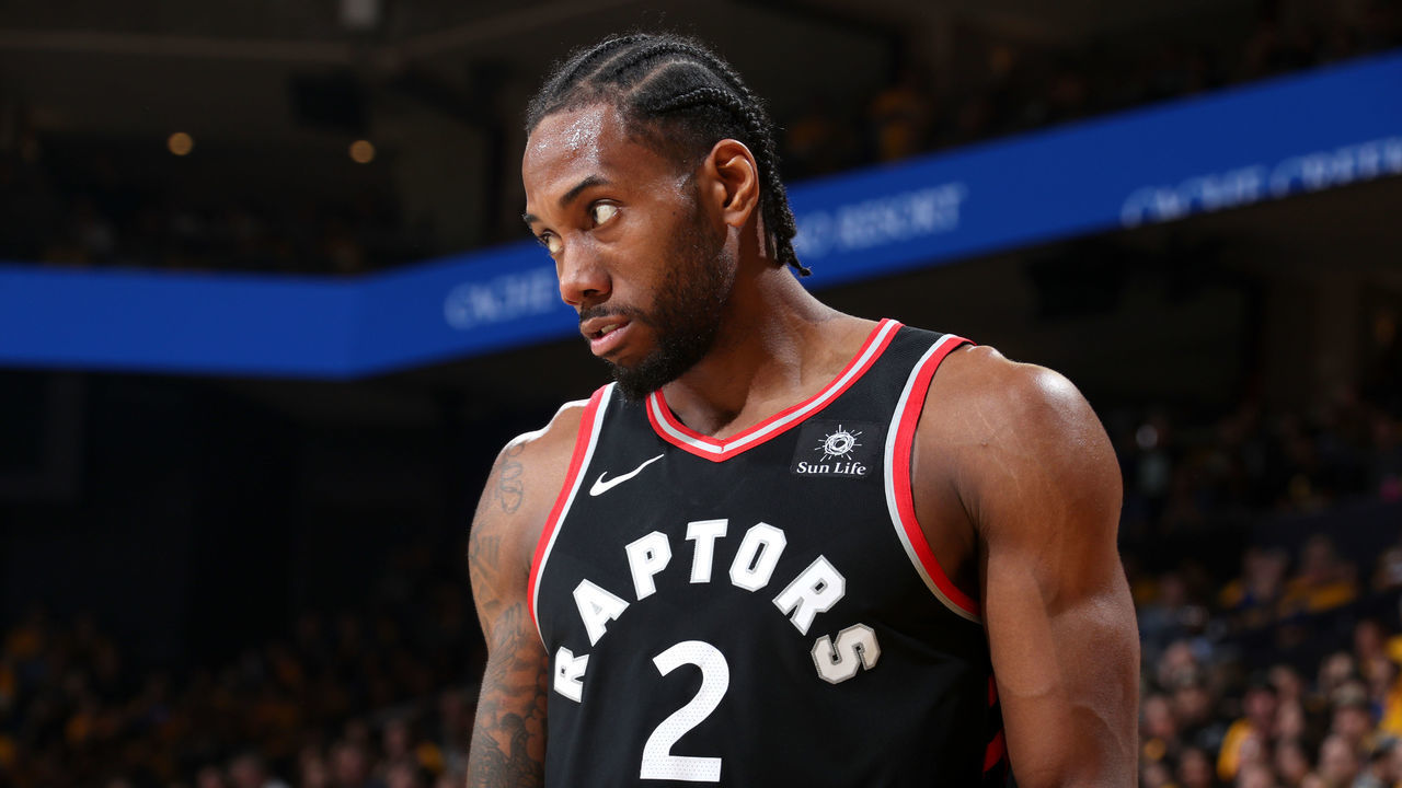 OAKLAND, CA - JUNE 5: Kawhi Leonard #2 of the Toronto Raptors looks on during Game Three of the NBA Finals against the Golden State Warriors on June 5, 2019 at ORACLE Arena in Oakland, California. NOTE TO USER: User expressly acknowledges and agrees that, by downloading and/or using this photograph, user is consenting to the terms and conditions of Getty Images License Agreement. Mandatory Copyright Notice: Copyright 2019 NBAE
