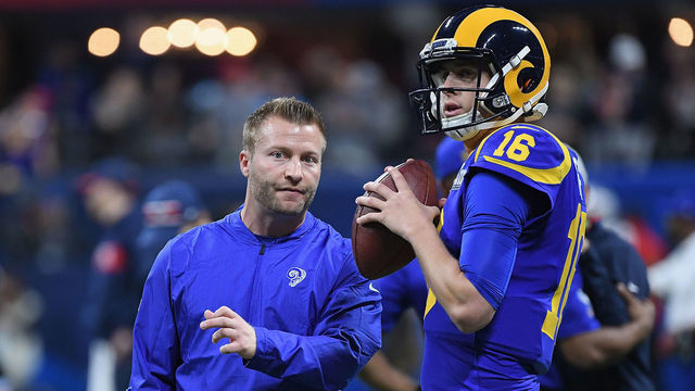 ATLANTA, GA - FEBRUARY 03: Head Coach Sean McVay of the Los Angeles Rams speaks to Jared Goff #16 of the Los Angeles Rams during Super Bowl LIII against the New England Patriots at Mercedes-Benz Stadium on February 3, 2019 in Atlanta, Georgia.