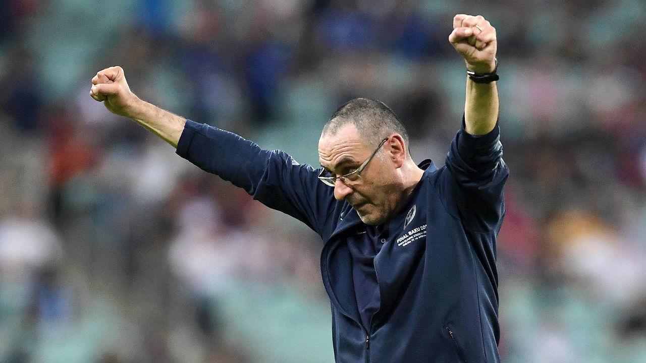 BAKU, AZERBAIJAN - MAY 29: Maurizio Sarri, Manager of Chelsea celebrates victory during the UEFA Europa League Final between Chelsea and Arsenal at Baku Olimpiya Stadionu on May 29, 2019 in Baku, Azerbaijan.