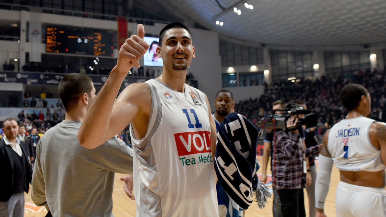 PODGORICA, MONTENEGRO - JANUARY 18: Goga Bitadze, #11 of Buducnost Voli Podgorica during the 2018/2019 Turkish Airlines EuroLeague Regular Season Round 19 game between Buducnost Voli Podgorica and Real Madrid at Moraca on January 18, 2019 in Podgorica, Montenegro.