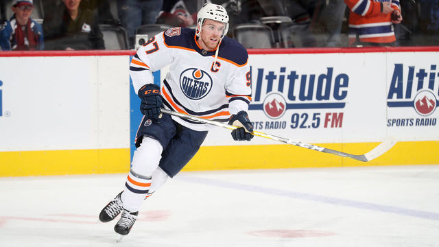 DENVER, CO - APRIL 2: Connor McDavid #97 of the Edmonton Oilers skates during warm ups prior to the game against the Colorado Avalanche at the Pepsi Center on April 2, 2019 in Denver, Colorado.