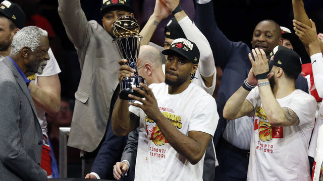 OAKLAND, CALIFORNIA - JUNE 13: Kawhi Leonard #2 of the Toronto Raptors is awarded the MVP after his team defeated the Golden State Warriors to win Game Six of the 2019 NBA Finals at ORACLE Arena on June 13, 2019 in Oakland, California.