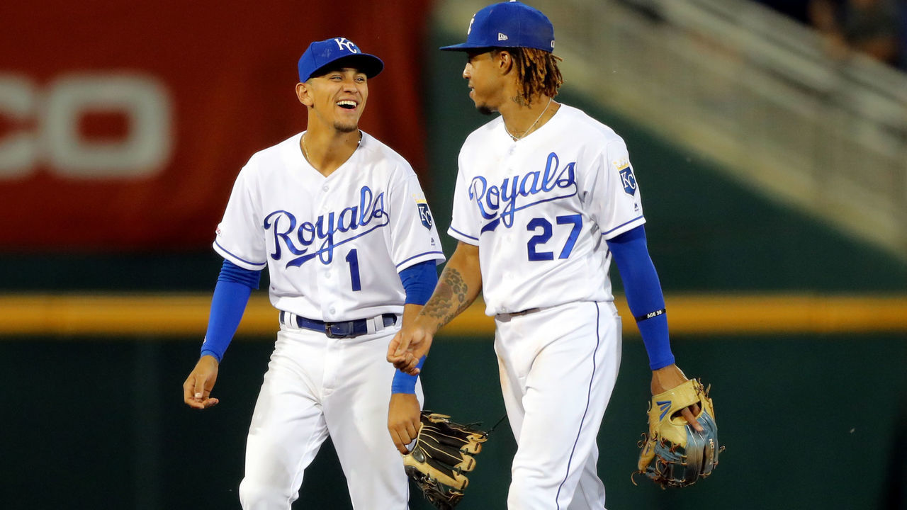 OMAHA, NE - JUNE 13: Nicky Lopez #1 and Adalberto Mondesi #27 of the Kansas City Royals celebrate after the Royals defeated the Detroit Tigers at TD Ameritrade Park on Thursday, June 13, 2019 in Omaha, Nebraska.