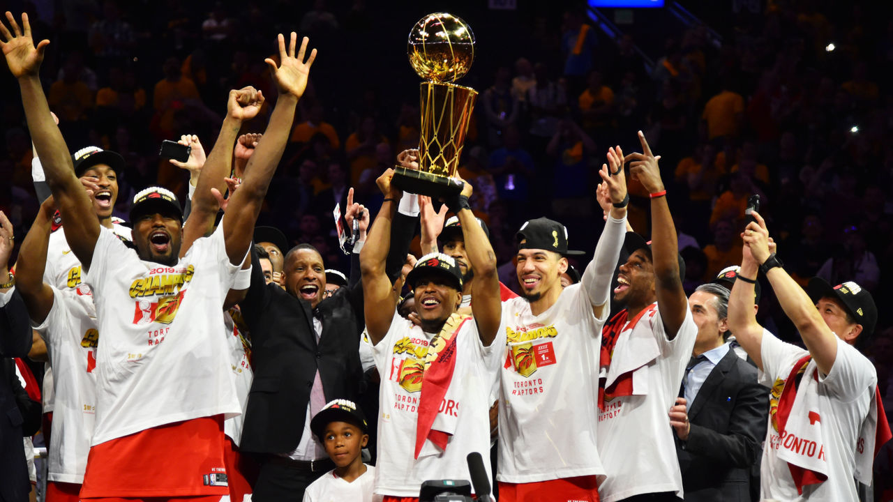 OAKLAND, CA - JUNE 13: The Toronto Raptors celebrate after winning the 2019 NBA Finals against the Golden State Warriors after Game Six of the NBA Finals on June 13, 2019 at ORACLE Arena in Oakland, California. NOTE TO USER: User expressly acknowledges and agrees that, by downloading and/or using this photograph, user is consenting to the terms and conditions of Getty Images License Agreement. Mandatory Copyright Notice: Copyright 2019 NBAE